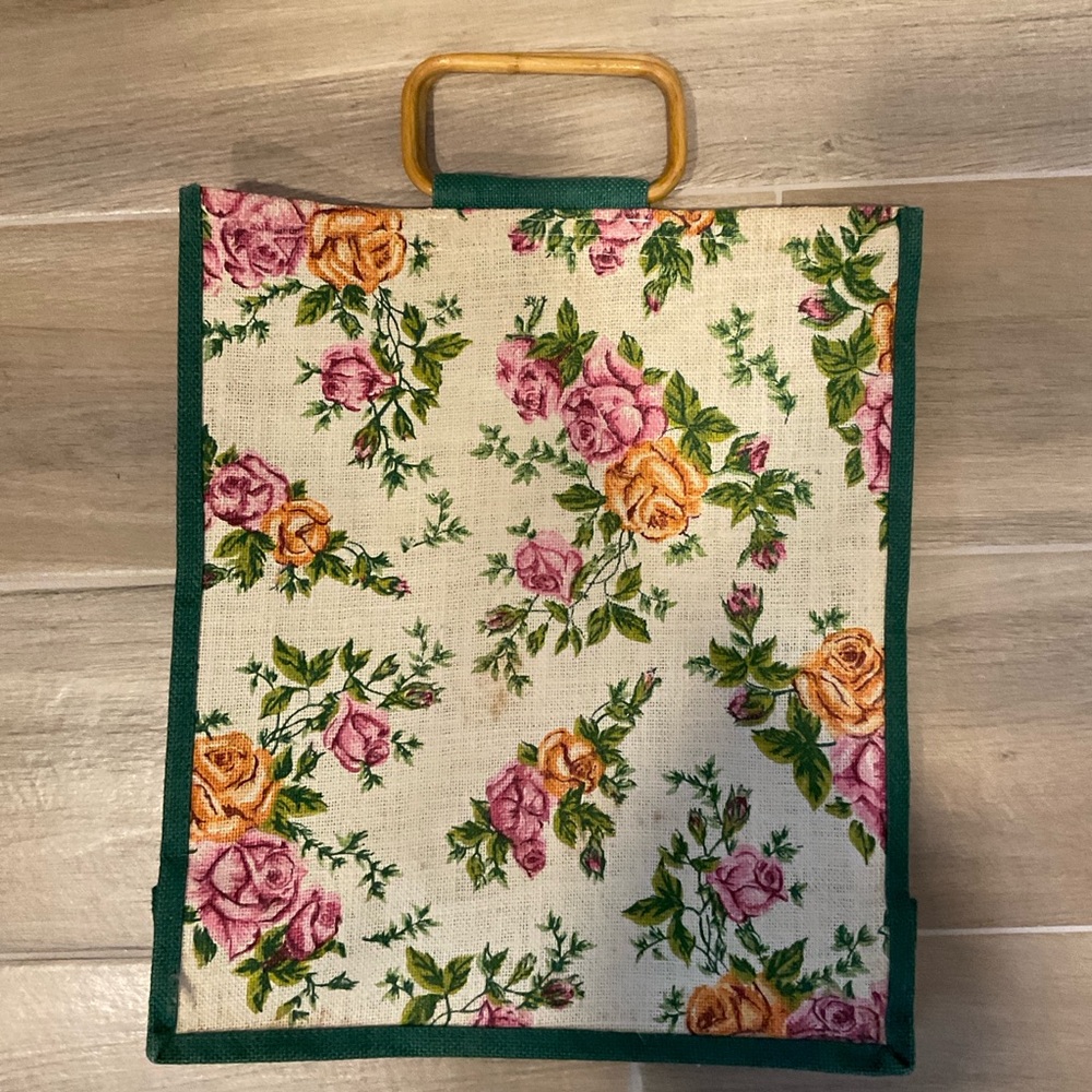 Floral ROYAL ALBERT burlap Tote Bag with Wooden Handles 15x17 old country roses